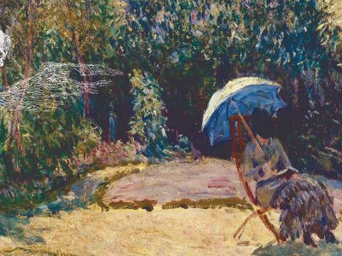 Grafik unter Verwendung von: Alfred Sisley, Sommersonne (Frau mit Sonnenschirm), Detail, 1883 und James Ensor, Die Todsünden, vom Tode beherrscht, Detail, 1904