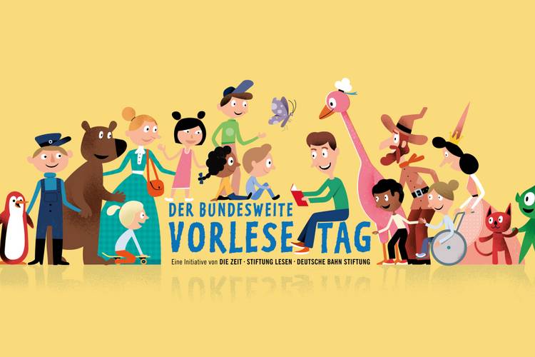 Keyvisual des bundesweiten Vorlestags, einer Initiative von Die Zeit, Stiftung Lesen und der Deutsche Bahn Stiftung. – Illustration zum Bundesweiten Vorlesetag: bunte Tiere mit Büchern und Lesezeichen in fröhlicher Runde.