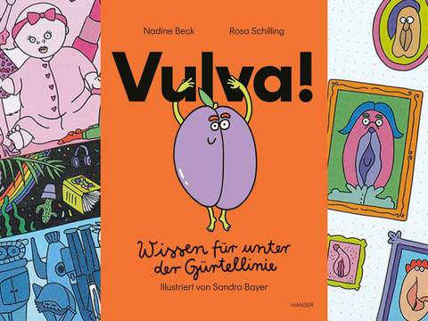 Key Visual der Veranstaltung – Zeichnungen von Vulven und comicartiger Figuren, in der Mitte da Buchcover mit dem Titel "Vulva. Wissen für unter der Gürtellinie" und eine vermenschlichte Pflaume