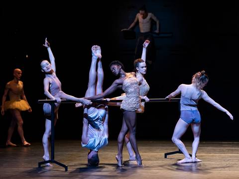  – Eine Gruppe von Tänzer:innen trainiert an einer Ballettstange. Eine Person steht auf dem Kopf.