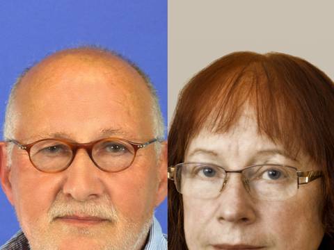  – Zweigeteiltes Porträt: Links Brille, Bart, blaues Hemd; rechts Brille, rotbraunes Haar.