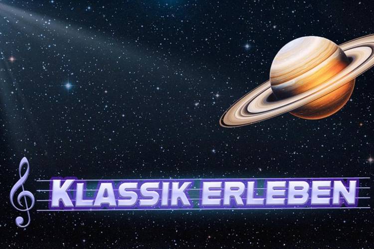 Grafischer Sternenhintergrund mit Saturn und Schriftzug im Vordergrund.