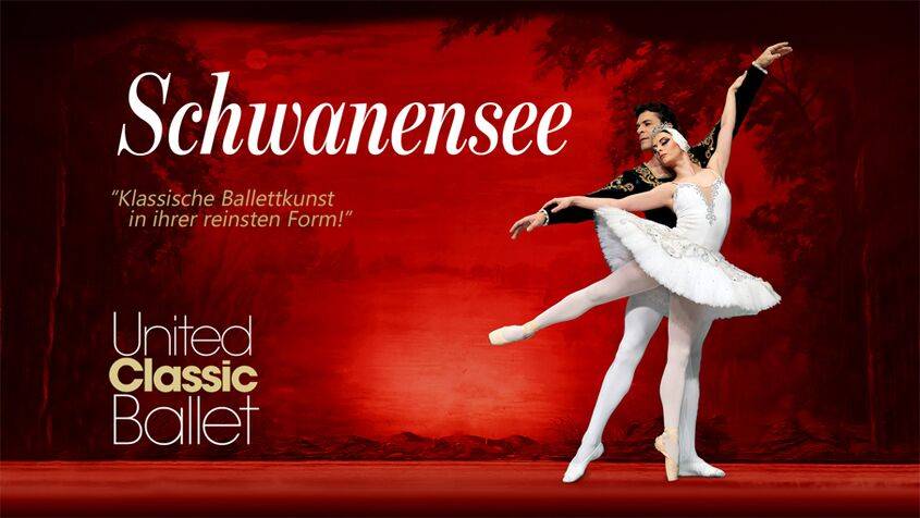 Schwanensee, klassische Ballettkunst in ihrer reinsten Form. United Classic Ballet. Zwei Balletttänzer*innen in Pose vor rotem Hintergrund.