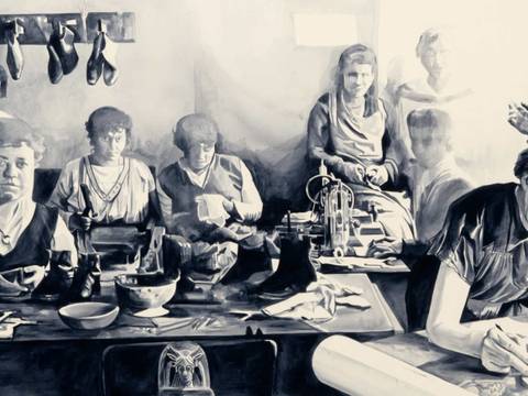 Giulia Andreani, Pour elles toutes (Myrninerest), Detail, 2024, Acryl auf Leinwand, 190,5 x 400,5 cm