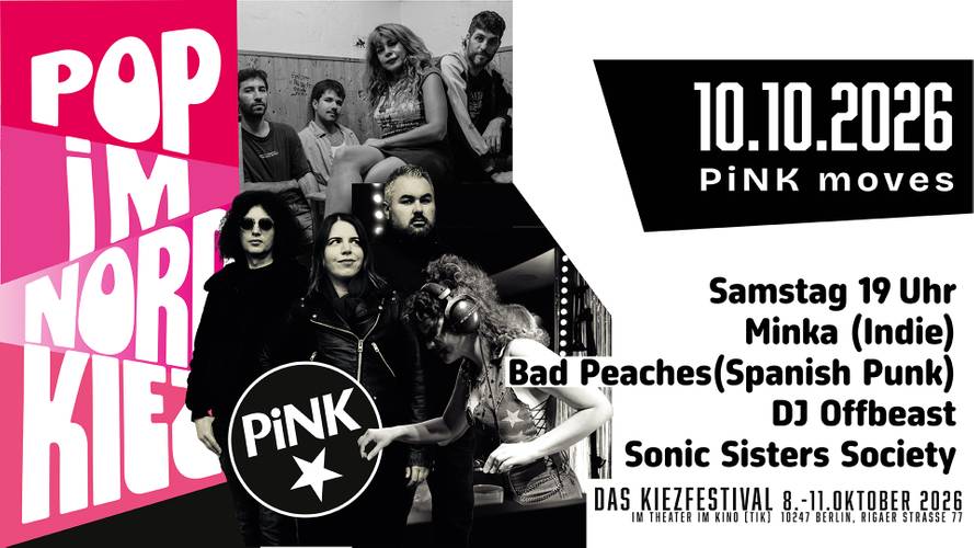 Buntes Plakat mit Text: "POP IM NORD KIEZ", Konzertankündigung für 10.10.2026 mit Bands und Veranstaltungsdetails; Gruppenfotos von Musiker*innen.