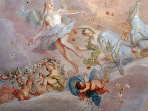 Schloss Rheinsberg, Deckengemälde im Spiegelsaal „Der Tag vertreibt die Finsternis“ von Antoine Pesne, Detail vom Mittelteil