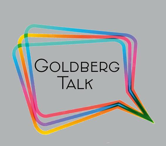 Mehrfarbige Sprechblase mit dem Text "GOLDBERG TALK" auf grauem Hintergrund.