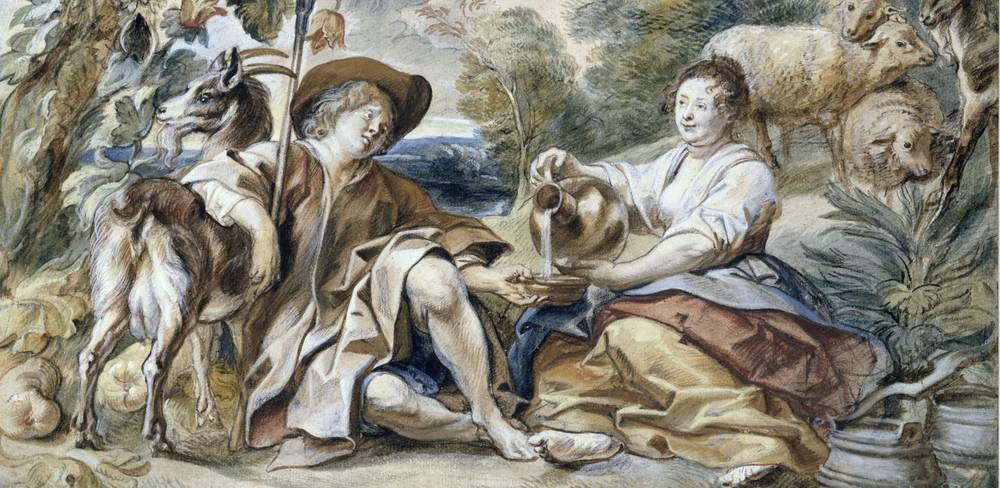 Jacob Jordaens, Schäferpaar (Detail), um 1640, Schwarze Kreide, Aquarell- und Deckfarben