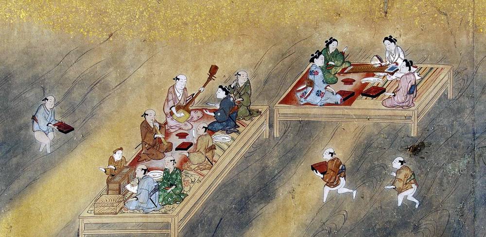 Unbekannte Maler*innen, traditionell Tosa Mitsunori (1583 – 1638) zugeschrieben, Die Abendkühle am Fluss Kamogawa in Kyoto genießen, Detail, Japan, 17. Jh., Querrolle, Tusche und Farben auf Papier