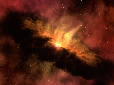  – Dunkle Gas- und Staubwolke die sich um einen neu entsandenen Stern dreht.