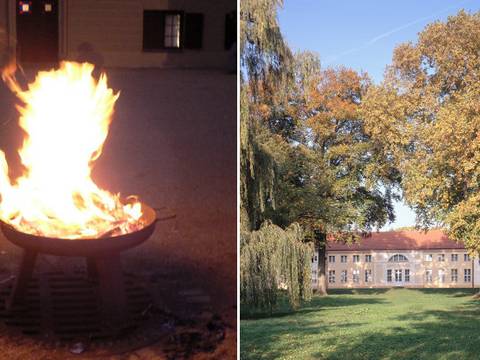 Feuer und Flamme für unsere Museen, Aktionstag im Schloss Paretz – Feuerschale und Außenansicht von Schloss Paretz