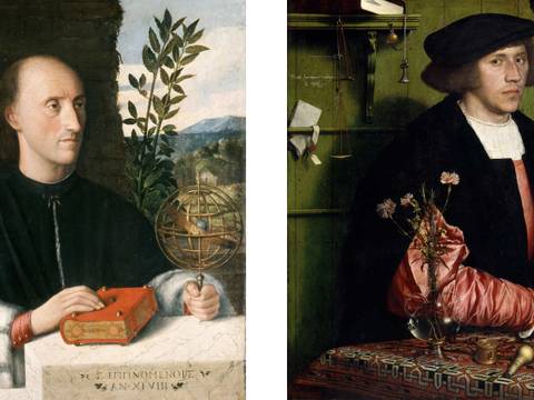 Giovanni Cariani, Bildnis eines Astronomen, Detail, um 1520 | Hans Holbein d. J., Der Kaufmann Georg Gisze, Detail, 1532 – Zwei Ölgemälde mit stilvoll gekleideten, männlich gelesenen Personen, links ein Buch und ein Astrolabium, rechts Blumen, Bücher und ein Zettel.