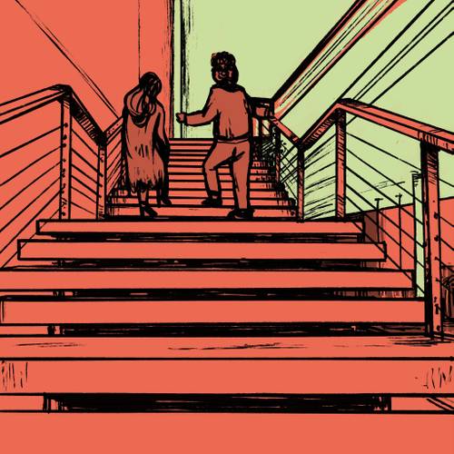 In einer Zeichnung in den Farben orange und grün gehen zwei Personen die Treppe hoch ins Obere Foyer des Haus der Berliner Festspiele