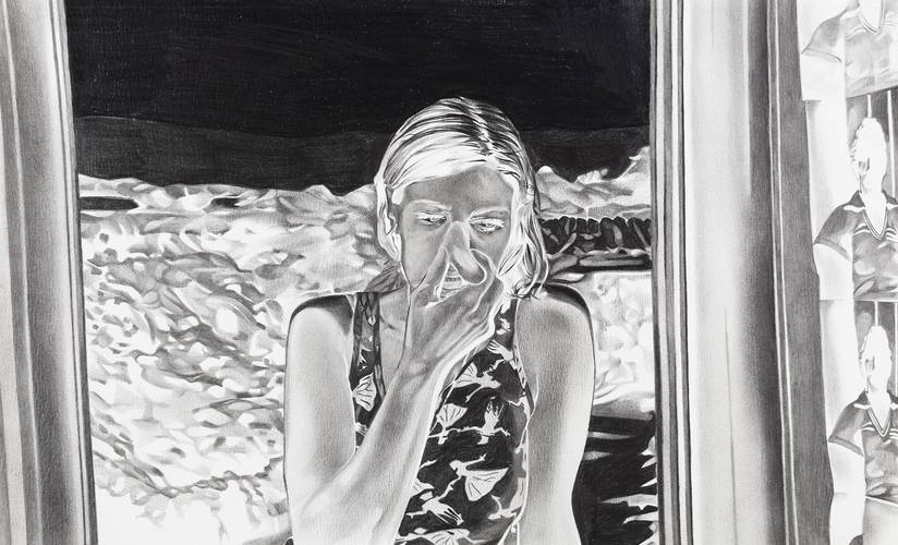 Marc Brandenburg, White Rainbow Nr. 8, 2000 (Ausschnitt), Privatsammlung – Schwarz-weiß invertierte Zeichnung des Künstlers auf Papier. Motiv ist eine Frau vor einem offenen Fenster, die sich eine Spielzeugnase aufsetzt.