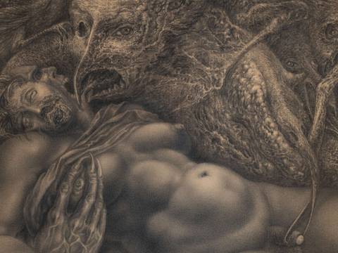 Sibylle Ruppert, Ma Soeur mon Epouse, Detail, 1975, Kohle auf Papier, Stiftung Sammlung Dieter Scharf zur Erinnerung an Otto Gerstenberg – Mann liegt mit geschlossenen Augen neben einem vogelähnlichen Monster mit verzerrten Gesichtern im Hintergrund; Bleistiftzeichnung.