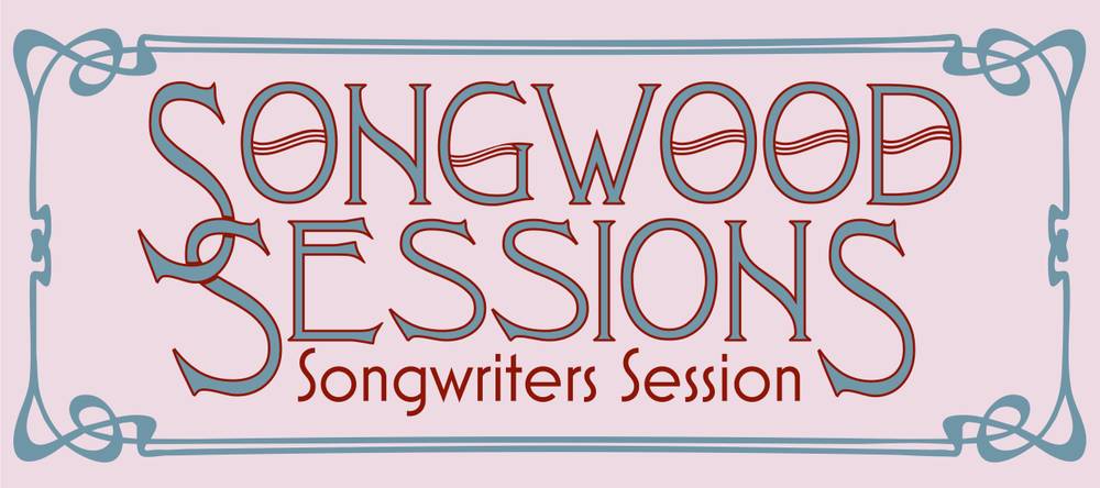 Songwood Sessions Songwriters Session; geschwungene Buchstaben und blauer Rand auf rosa Hintergrund.