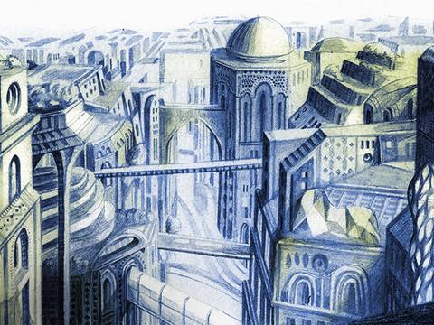 Salon: ÜberMorgenLand – Futuristische Stadtszene mit komplizierten Gebäuden und Brücken in Blau- und Grüntönen, Kuppeln und architektonischen Details sichtbar.