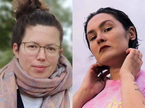  – Zwei Personen nebeneinander. Links Person mit Brille und Schal, Holz hinter dem Kopf. Rechts Person mit nassem Haar, rosa T-Shirt mit Text: "fontaine".