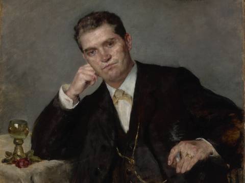 Lovis Corinth, Franz Heinrich Corinth, der Vater des Künstlers (Franz Heinrich Corinth, the Artist’s Father), 1883 – Gemälde: Porträt von Lovis Corinths Vater, der im Anzug neben einem Tisch sitzt und den Kopf leicht seitlich geneigt auf dem rechten Arm abstützt.