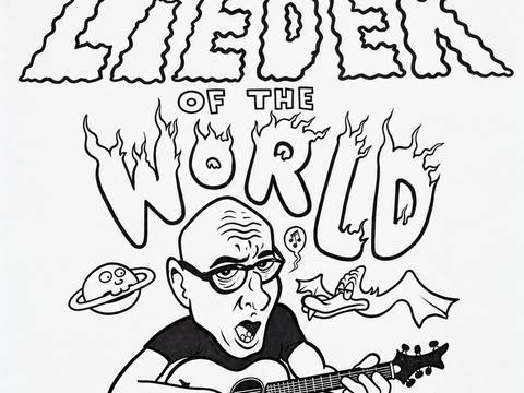  – Karikatur von person mit Gitarre, umgeben von fliegendem Drachen, Aliens im UFO und zwei cartoonhaften Figuren. Text: "Fil: Lieder of the World".