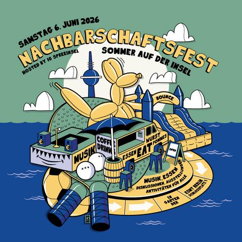 Nachbarschaftsfest - Sommer auf der Insel – Plakat zum Nachbarschaftsfest mit gezeichneter Hüpfburg usw.