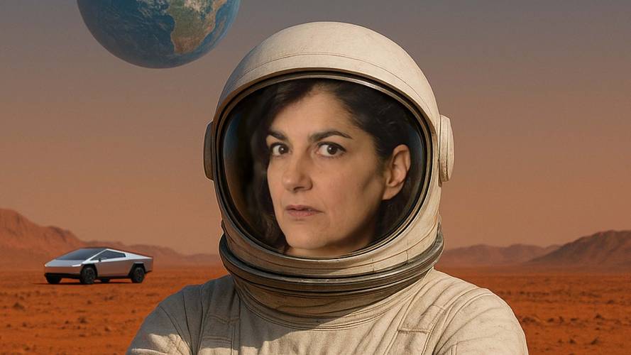 Person in Astronautenanzug auf roter Marslandschaft, Erde im Hintergrund. Auto in der Ferne.