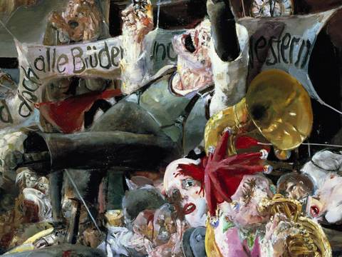 Bernhard Heisig (1925 - 2011): Beharrlichkeit des Vergessens – Gemälde mit verworrenen Figuren, Instrumenten und Bannern. Text: "wir sind doch alle Brüder in der pestern". Chaotische, surreale Szene.