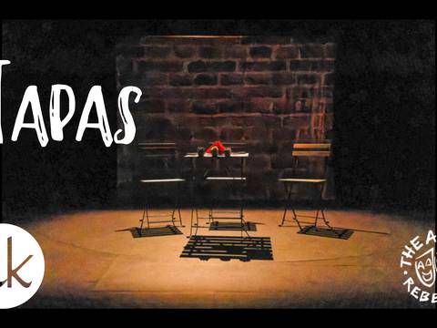  – Dunkler Raum mit Backsteinwand, zwei Stühlen, Tisch mit roter Blume. Text: Tapas. Logos: tik, Theater Rebellen.