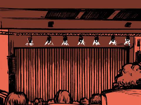  – In einer Zeichnung in den Farben orange und grün sitzen Besucher*innen im Großen Saal des Haus der Berliner Festspiele und schauen Richtung Bühne