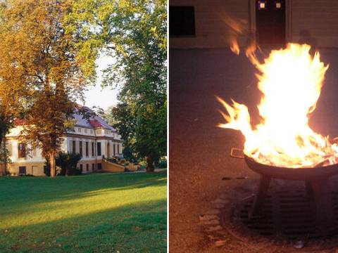 Schloss Caputh Feuer und Flamme – Außenansicht von Schloss Caputh und Feuerschale