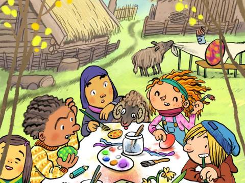 Im Frühling erwacht das Freilichtmuseum zu neuem Leben – Comic mit Kindern, die zusammen Ostereier im Museumsdorf Düppel bemalen