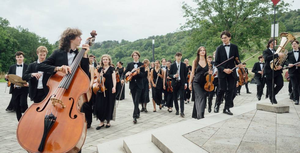 Gruppe von Musiker*innen in schwarzer Kleidung geht mit Instrumenten wie Cello und Violine über Steinplatten, im Hintergrund sind Bäume.