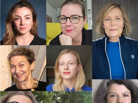  – Collage von sieben weiblich gelesenen Personen in Portraets; eine mit einem Hund. Eine Person traegt eine blaue Jacke mit weissem Reissverschluss.