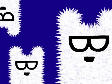 Das Motiv des Berlinale-Bären, aus einem Berlinale-Plakat von Claudia Schramke, 2022. – Stempel-Zeichnung von drei Eisbären mit Brille vor einem dunkelblauen Hintergrund