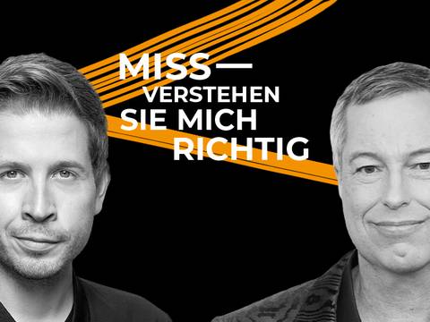 MISSVERSTEHEN SIE MICH RICHTIG – Thomas Hermanns zu Gast bei Kevin Kühnert – Zwei männlich gelesene Personen vor schwarzem Hintergrund mit orangefarbenen Linien. Text: MISSVERSTEHEN SIE MICH RICHTIG.