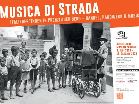 Ausstellungsplakat Musica di Strada – Musica di strada - Italiener*innen in Prenzlauer Berg - Handel, Handwerk & Musik
