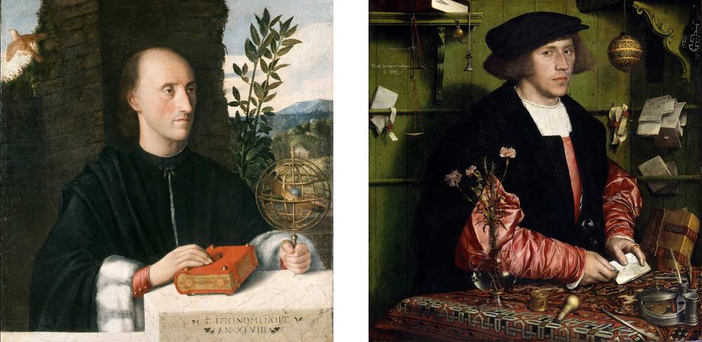 Giovanni Cariani, Bildnis eines Astronomen, Detail, um 1520 | Hans Holbein d. J., Der Kaufmann Georg Gisze, Detail, 1532 – Zwei Ölgemälde mit stilvoll gekleideten, männlich gelesenen Personen, links ein Buch und ein Astrolabium, rechts Blumen, Bücher und ein Zettel.