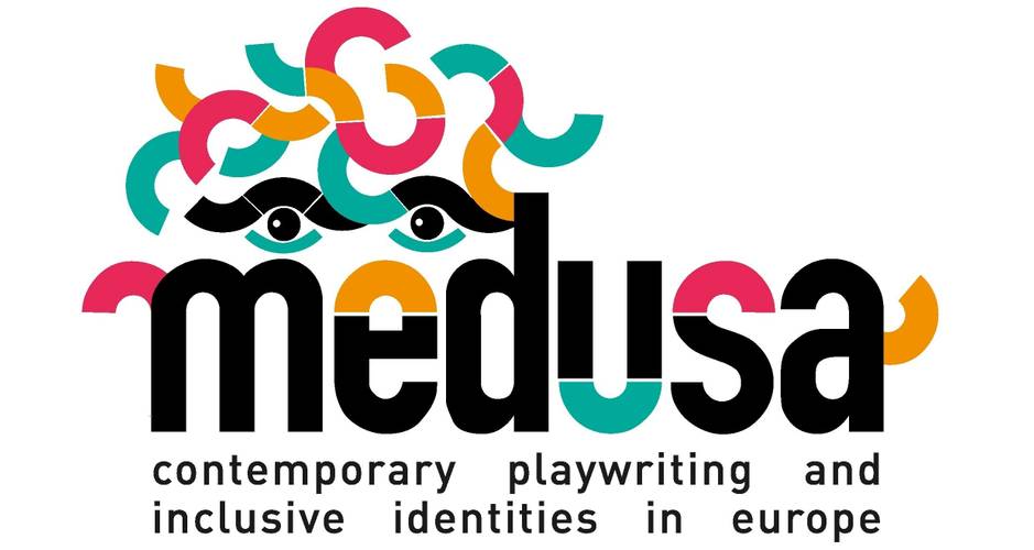 Logo mit buntem Schlangenmotiv und dem Text "medusa contemporary playwriting and inclusive identities in europe".