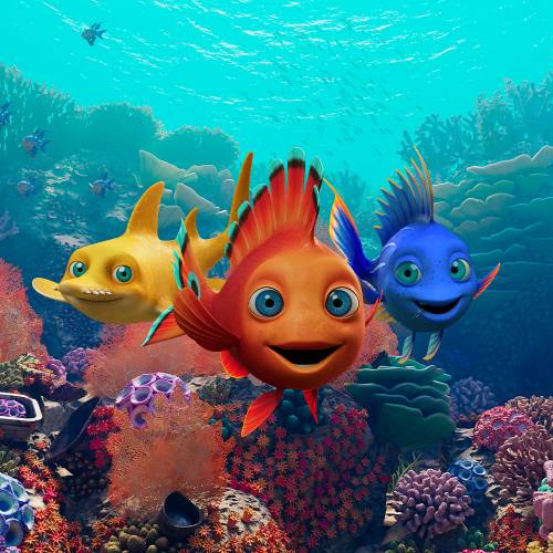Jungbarsch Shorty – Die drei Main-Character Riffbarsch Shorty, seine Schwester Indigo und Sägefisch Jake vor einem Korallenriff im türkisblauen Meer.