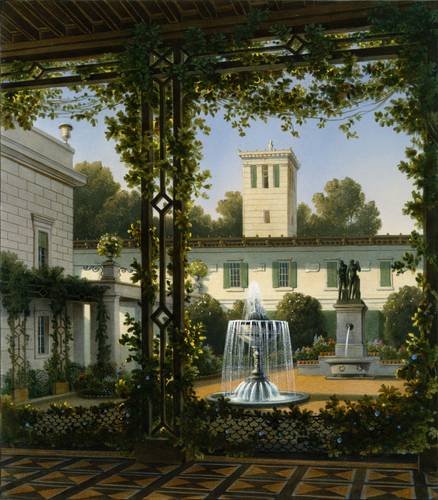 August Haun nach August Wilhelm Ferdinand Schirmer: Klein Glienicke, Gartenhof des Schlosses, 1854 – August Haun nach August Wilhelm Ferdinand Schirmer: Klein Glienicke, Gartenhof des Schlosses, 1854