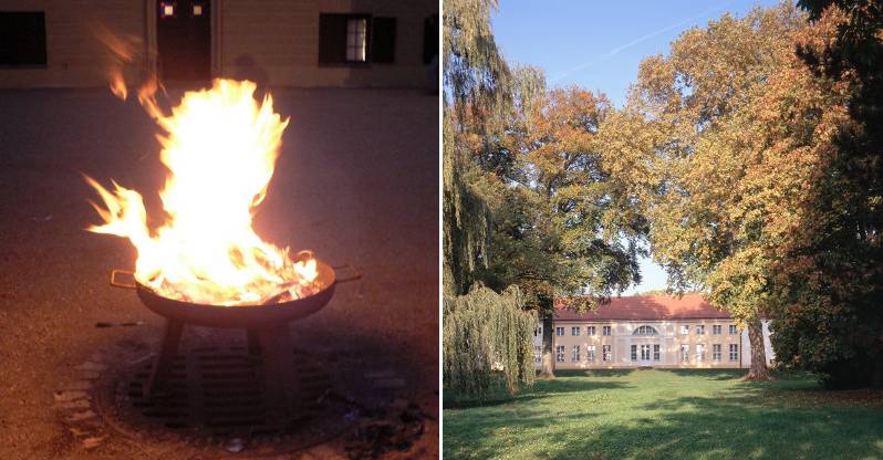 Feuer und Flamme für unsere Museen, Aktionstag im Schloss Paretz – Feuerschale und Außenansicht von Schloss Paretz