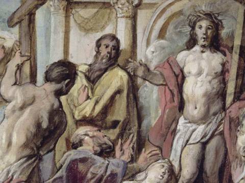 Jacob Jordaens, Christus und die reuigen Sünder, Detail, um 1630, schwarze Kreide, Pinsel in Braun und Deckfarben – Gemälde zeigt zentrale Person mit Dornenkrone, umgeben von mehreren Personen in dynamischen Posen. Historisch-religiöses Motiv, detailreiche Maltechnik.