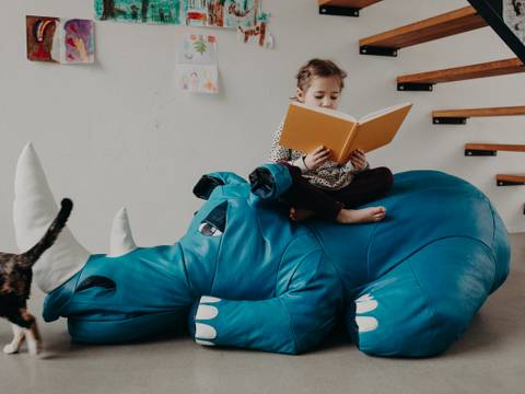 Paula auf „Clara“, dem Nashorn Alexandra Kiesel 2023 – Ein Mädchen mit braunen Haaren sitzt im Schneidersitz, ein oranges Buch in der Hand auf einem Türkisblauen großen Ledernashorn, das auf dem Boden unter einer Treppe liegt. Eine Katze läuft links aus dem Bild. An der Wand unter der Treppe hängen Kinderzeichnungen.