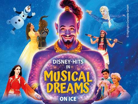  – Große Figur eines lilafarbenen Dschinns im Zentrum, umgeben von Charakteren in bunten Kostümen. Schriftzug: DISNEY-HITS IN MUSICAL DREAMS ON ICE.