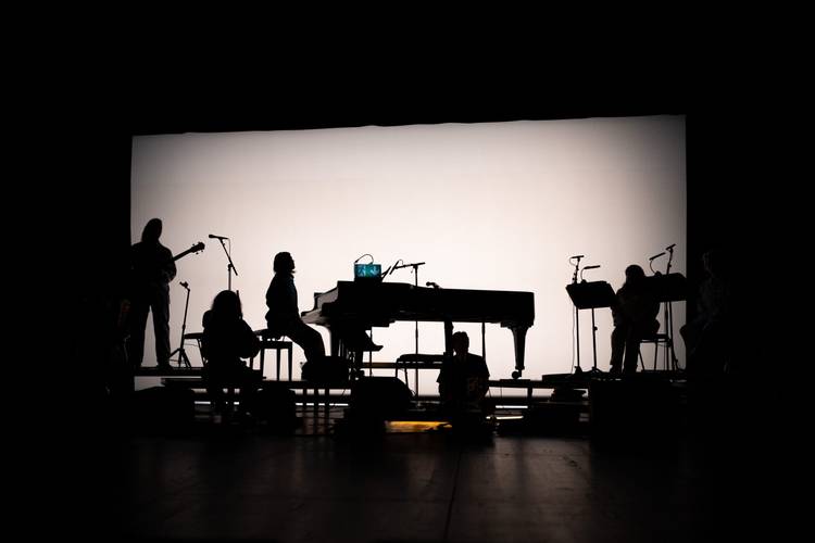Schatten von sechs Personen mit Musikinstrumenten auf einer Bühne vor hellem Hintergrund, darunter ein Klavier und fünf Mikrofone auf Ständern.