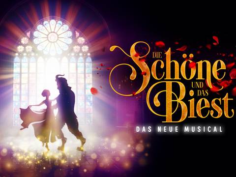 Die Schöne und das Biest – Das neue Musical – Zwei Silhouetten tanzen vor einem großen Fenster. Text: Die Schöne und das Biest Das neue Musical. Rote Blütenblätter fallen herab.