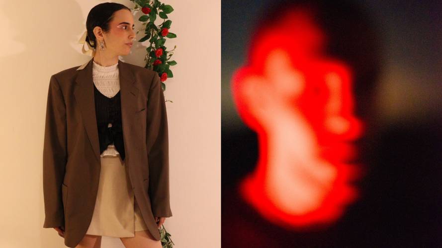 Sayoor und MENÜSCH – links ein Bild der Künstlerin Ela Sdayoor, rechts eine abstrakte Darstellung: eine rot glühende Fläche.