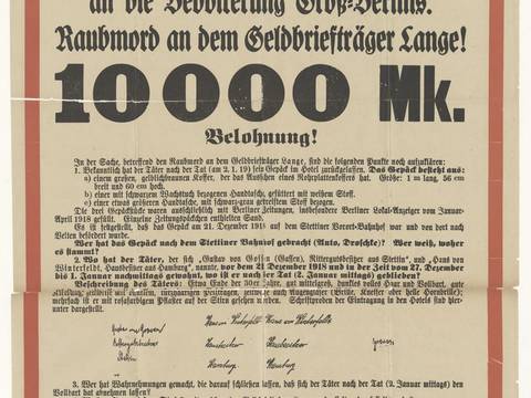 Historisches Fahndungsplakat zur Aufklärung eines Raubmordes am Geldbriefträger Lange aus dem Jahr 1919