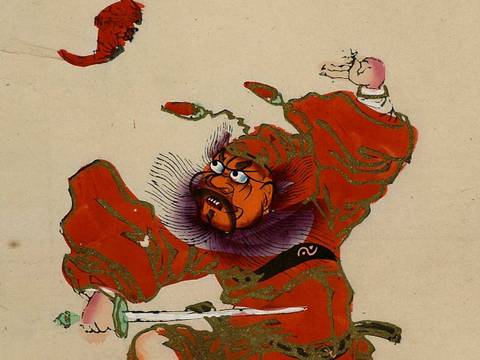 Tanzender Zhong Kui, Detail, China, Yangliuqing, 1. Hälfte 20. Jh., Holzschnitt