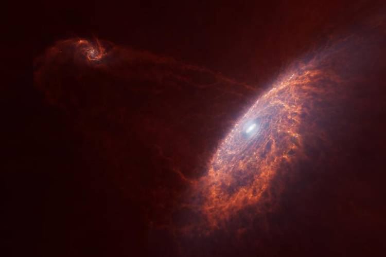 Kollision der Milchstraße mit der Zwerggalaxie Sagittarius – Eine Visualisierung der Kollision der Milchstraße mit der Zwerggalaxie Sagittarius, die seit mehreren Milliarden Jahren andauert.